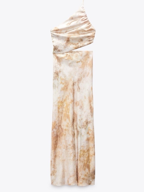 Zara Dresses & Skirts - Zara Marble-Print Satin One-Shoulder Dress in Cream and Beige